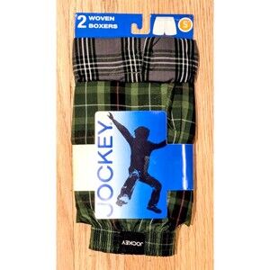 Jockey Boys Modern Fit Green & Gray Plaid Woven Classic Boxers 2-Pack Small NWT